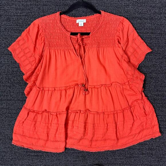 Sundance Top Womens Size Small Orange Antonia Tiered Smocked V Neck Short Sleeve - Picture 2 of 7